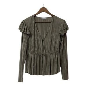 Zara Party Foil Metallic Tie Front Ruffle Blouse LARGE